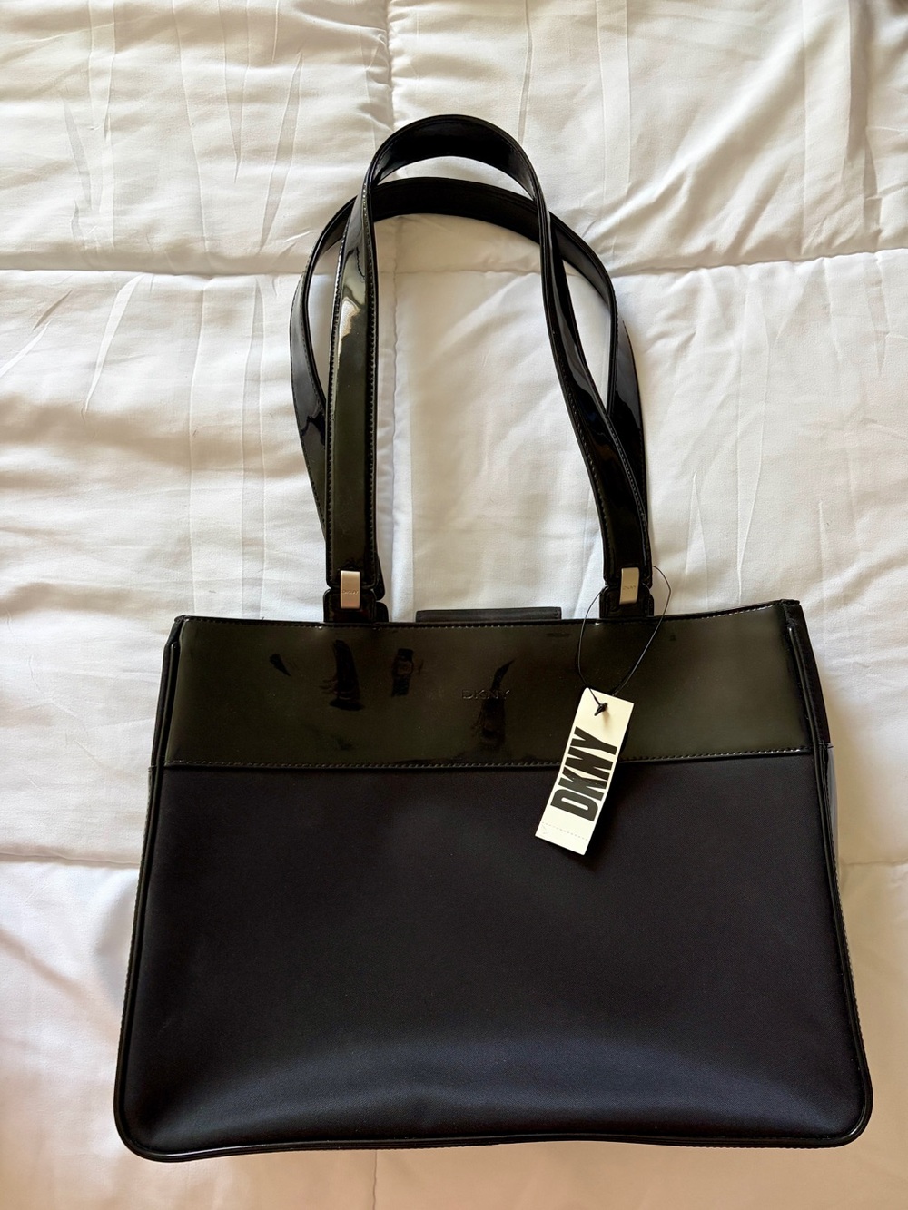 NWT DKNY Black Nylon Tote Bag with Patent Leather Trim